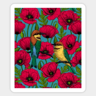 Bee eaters and poppies on orange 2 Sticker